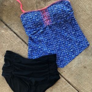 Blue tankini swimsuit with pink embroidery